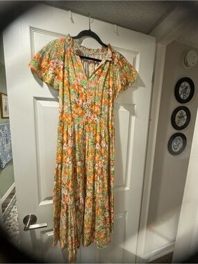 Pinch Floral V-Neck Tiered Maxi Dress in Green, Orange & Cream